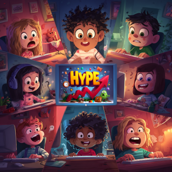 A group of diverse children are depicted in a split-screen layout, each reacting with expressions ranging from excitement to alarm as they interact with computers, all centered around a glowing screen displaying the word "HYPE" with an upward-trending graph and small, mischievous creatures.
